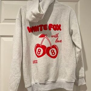 White Fox Gray Hoodie with Red Cherry Design